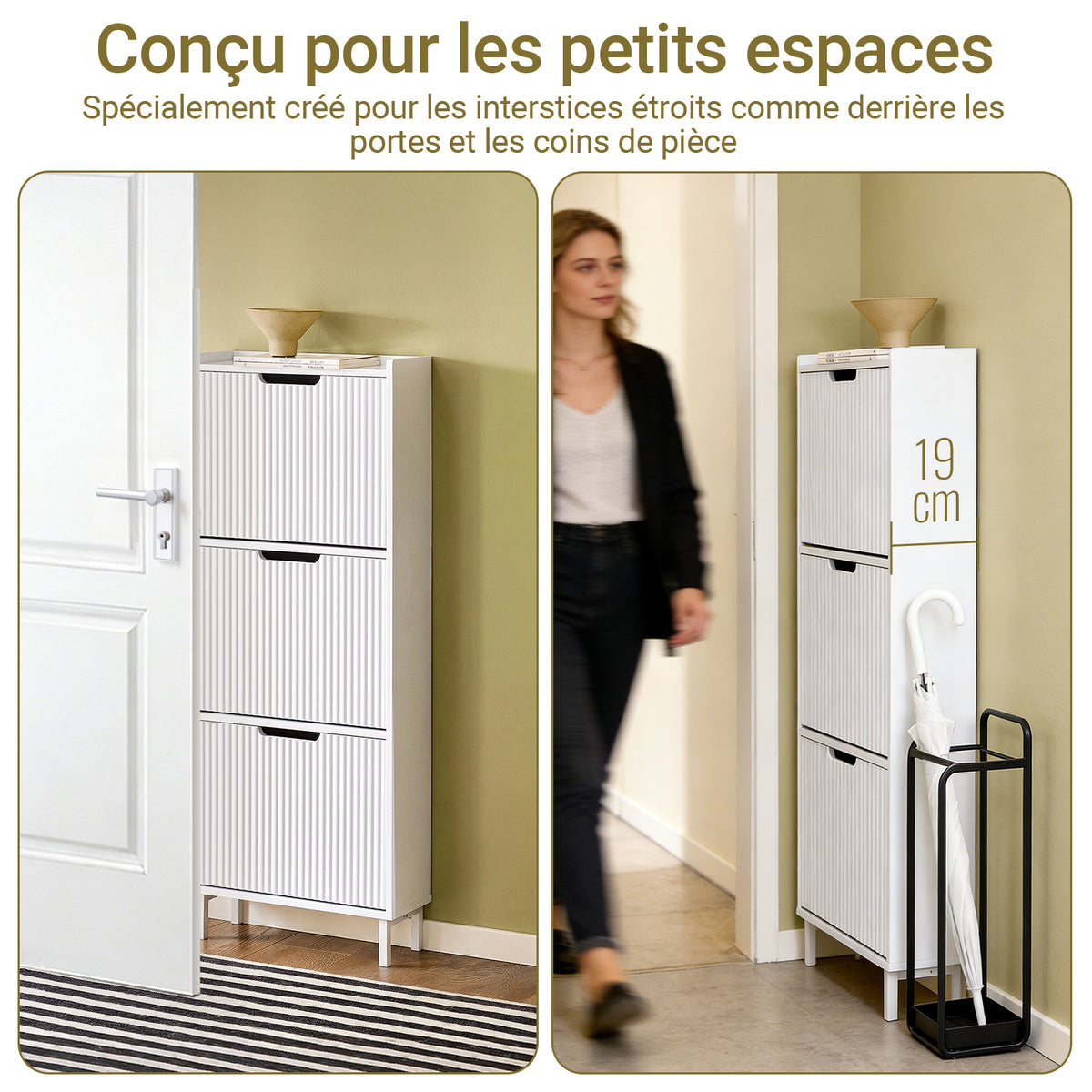 SoBuy FSR177-H-W Armoire à Chaussures 3 Abattants – 6 à 8 Paires, 19 cm de Profondeur, Anti-Basculement – 50×19×130 cm, Blanc