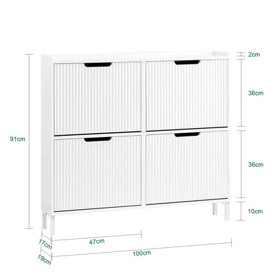 SoBuy FSR177-L-W Armoire à Chaussures 4 Abattants – 12 à 16 Paires, 19 cm de Profondeur, Anti-Basculement – 100×19×91 cm, Blanc