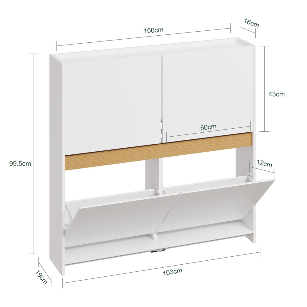 SoBuy FSR225-E-W Armoire à Chaussures Blanc 4 Portes Rabattantes – Meuble à Chaussures 8 Paires pour Entrée et Couloir – 103×19×99,5 cm, Charge 31 kg