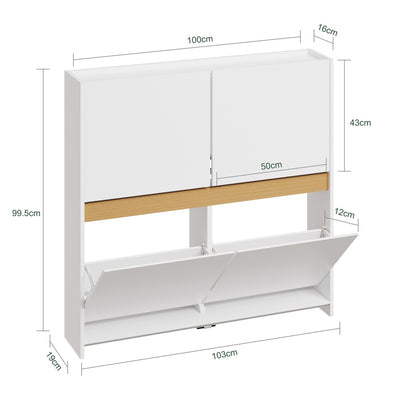 SoBuy FSR225-E-W Armoire à Chaussures Blanc 4 Portes Rabattantes – Meuble à Chaussures 8 Paires pour Entrée et Couloir – 103×19×99,5 cm, Charge 31 kg