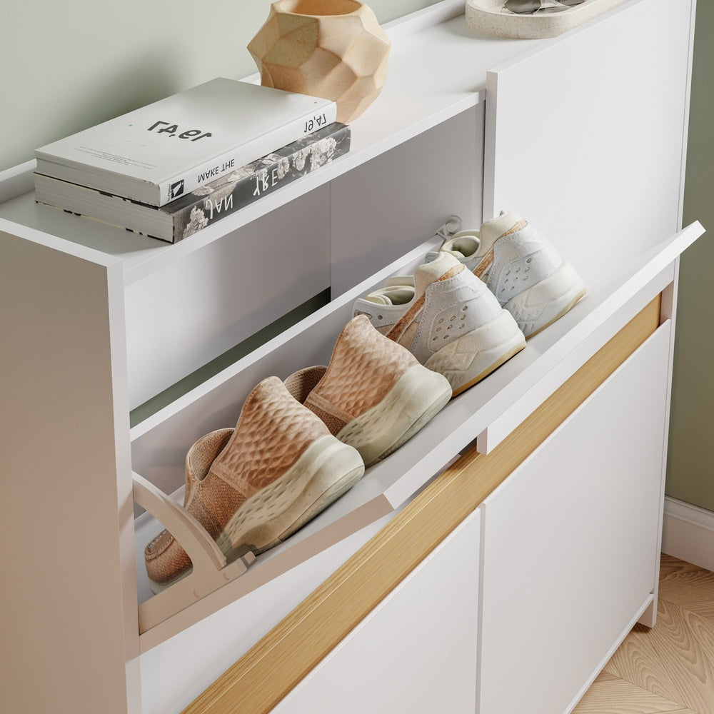 SoBuy FSR225-E-W Armoire à Chaussures Blanc 4 Portes Rabattantes – Meuble à Chaussures 8 Paires pour Entrée et Couloir – 103×19×99,5 cm, Charge 31 kg