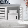 SoBuy FSR23-II-W Banc à Chaussures avec Coussin Rembourré, 2 Portes et 4 Compartiments Ouverts pour Entrée – 71x35x43 cm, Blanc