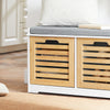 SoBuy FSR23-II-WN Banc à Chaussures avec Coussin Rembourré, 2 Portes et 4 Compartiments Ouverts pour Entrée – 71x35x43 cm, Blanc et Naturel