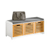 SoBuy FSR23-WN Banc à Chaussures avec Coussin Rembourré et 3 Cubes de Rangement pour Entrée – 105x35x43 cm, Blanc et Naturel