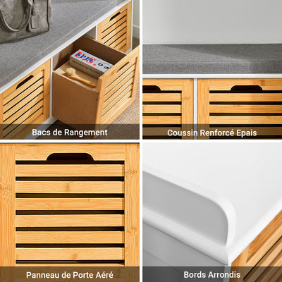 SoBuy FSR23-WN Banc à Chaussures avec Coussin Rembourré et 3 Cubes de Rangement pour Entrée – 105x35x43 cm, Blanc et Naturel