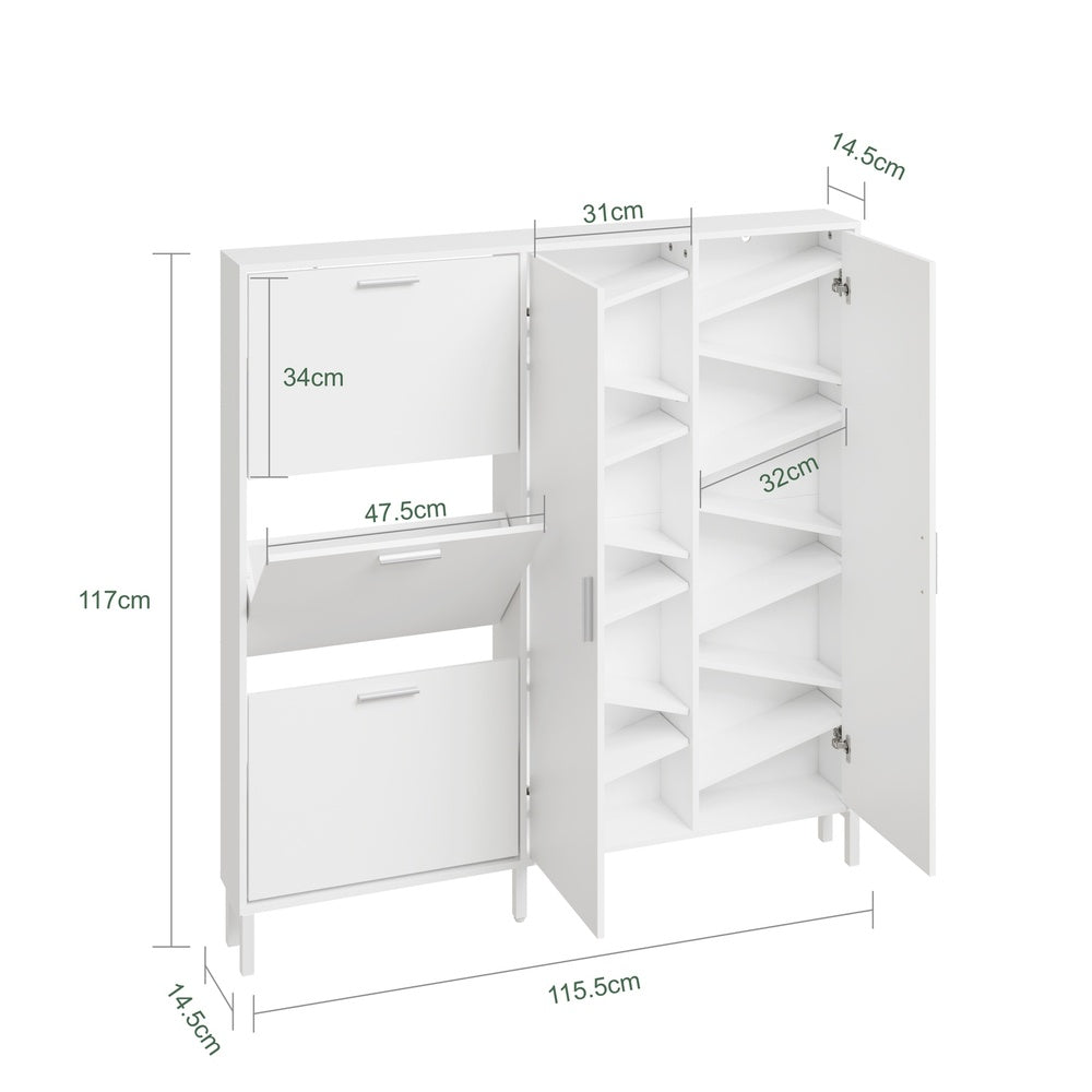 SoBuy FSR231-W Meuble à Chaussures en Bois 2 Portes – Armoire à Chaussures Mince avec Abattants pour Entrée, Blanc Mat – 115,5×14,5×117 cm, Charge 58 kg