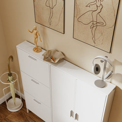 SoBuy FSR231-W Meuble à Chaussures en Bois 2 Portes – Armoire à Chaussures Mince avec Abattants pour Entrée, Blanc Mat – 115,5×14,5×117 cm, Charge 58 kg
