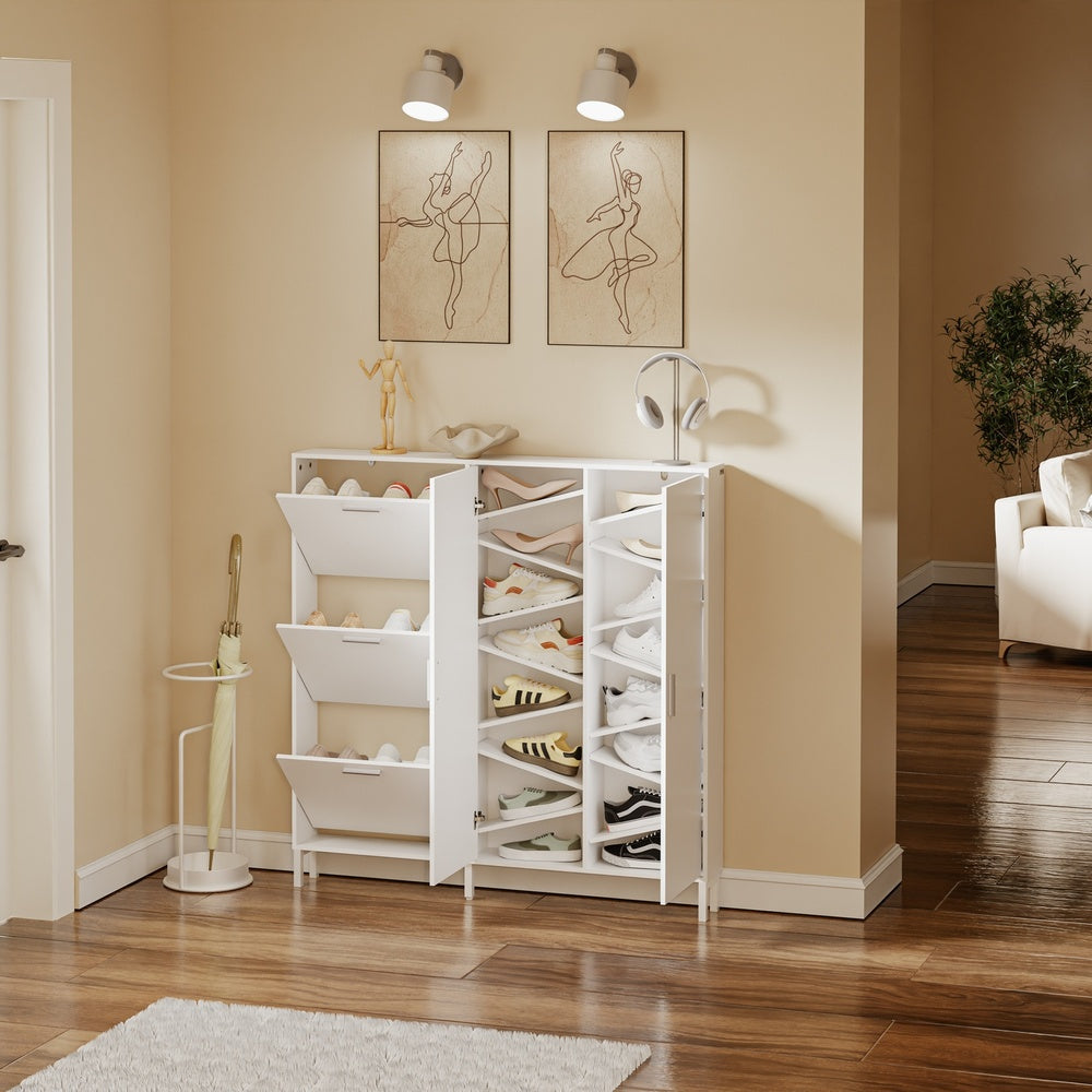 SoBuy FSR231-W Meuble à Chaussures en Bois 2 Portes – Armoire à Chaussures Mince avec Abattants pour Entrée, Blanc Mat – 115,5×14,5×117 cm, Charge 58 kg