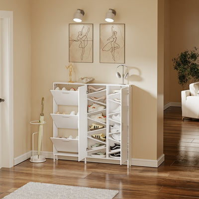 SoBuy FSR231-W Meuble à Chaussures en Bois 2 Portes – Armoire à Chaussures Mince avec Abattants pour Entrée, Blanc Mat – 115,5×14,5×117 cm, Charge 58 kg