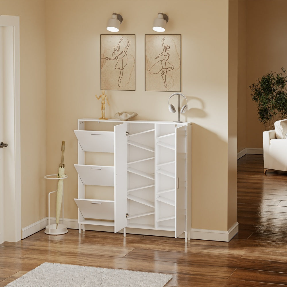 SoBuy FSR231-W Meuble à Chaussures en Bois 2 Portes – Armoire à Chaussures Mince avec Abattants pour Entrée, Blanc Mat – 115,5×14,5×117 cm, Charge 58 kg