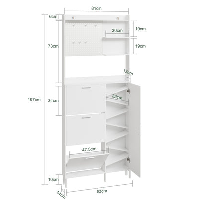 SoBuy FSR232-W Meuble à Chaussures Blanc 12 Paires – Armoire à Chaussures Étroite 14 cm, 3 Tiroirs Basculants et 1 Porte, Panneau Perforé et 6 Crochets – 83×14×197 cm, Charge 70 kg