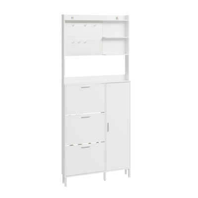 SoBuy FSR232-W Meuble à Chaussures Blanc 12 Paires – Armoire à Chaussures Étroite 14 cm, 3 Tiroirs Basculants et 1 Porte, Panneau Perforé et 6 Crochets – 83×14×197 cm, Charge 70 kg