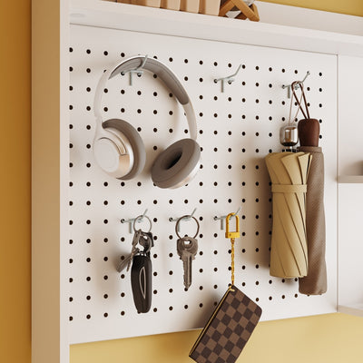 SoBuy FSR232-W Meuble à Chaussures Blanc 12 Paires – Armoire à Chaussures Étroite 14 cm, 3 Tiroirs Basculants et 1 Porte, Panneau Perforé et 6 Crochets – 83×14×197 cm, Charge 70 kg