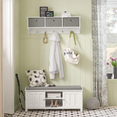 sobuyes.shopG282-W Porte-Manteau Mural avec 5 Crochets et 3 Paniers, pour Entrée et Couloir, Design Fonctionnel, Usage Quotidien – L100×P20×H30 cm, Bois, Blanc