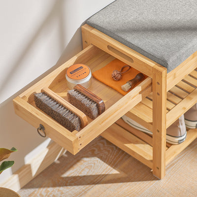 SoBuy FSR49-N Banc à Chaussures en Bambou 55 × 30 × 46 cm, Coussin, 2 Étagères et Tiroir Latéral – Naturel