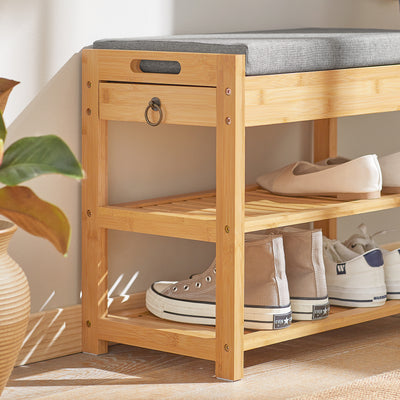 SoBuy FSR49-N Banc à Chaussures en Bambou 55 × 30 × 46 cm, Coussin, 2 Étagères et Tiroir Latéral – Naturel