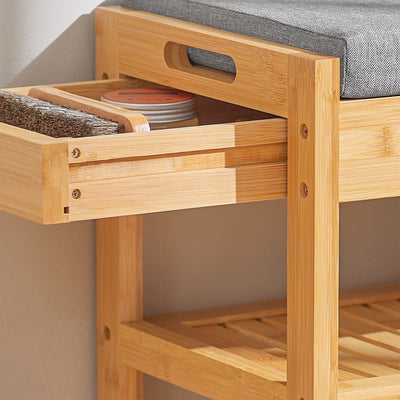 SoBuy FSR49-N Banc à Chaussures en Bambou 55 × 30 × 46 cm, Coussin, 2 Étagères et Tiroir Latéral – Naturel