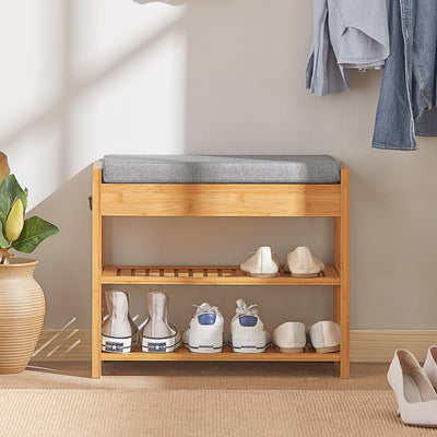 SoBuy FSR49-N Banc à Chaussures en Bambou 55 × 30 × 46 cm, Coussin, 2 Étagères et Tiroir Latéral – Naturel