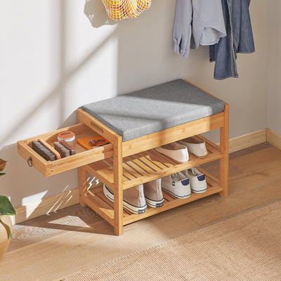 SoBuy FSR49-N Banc à Chaussures en Bambou 55 × 30 × 46 cm, Coussin, 2 Étagères et Tiroir Latéral – Naturel