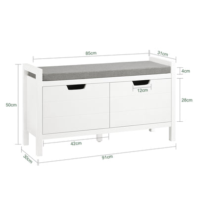 SoBuy FSR63-II-W Banc à Chaussures avec Coussin Rembourré et 2 Portes, Meuble d'Entrée – 91x30x50 cm, Blanc