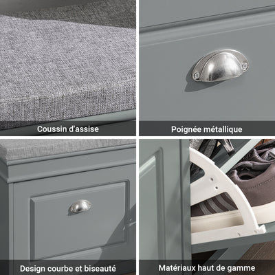 SoBuy FSR64-HG Banc à Chaussures 104 cm avec Coussin Déhoussable et 2 Abattants – Charge 150 kg – Bois FSC – Gris