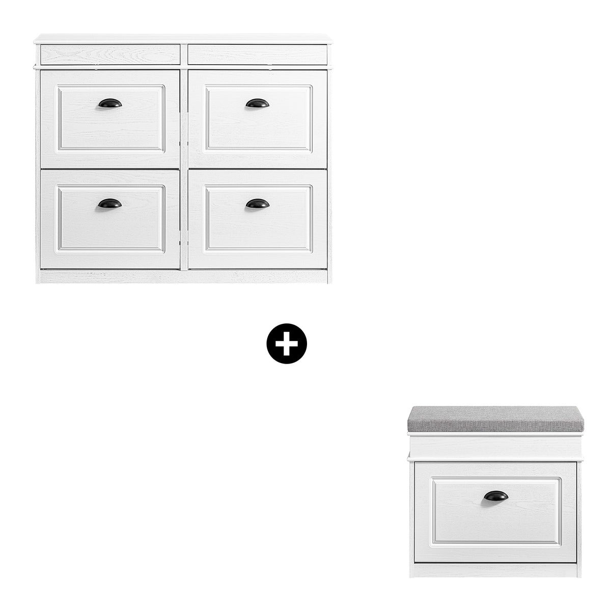 SoBuy FSR79-WG + FSR82-K-WG Ensemble Armoire à Chaussures 4 Abattants et Coffre avec Coussin, Rangement 20 Paires – Effet Boi