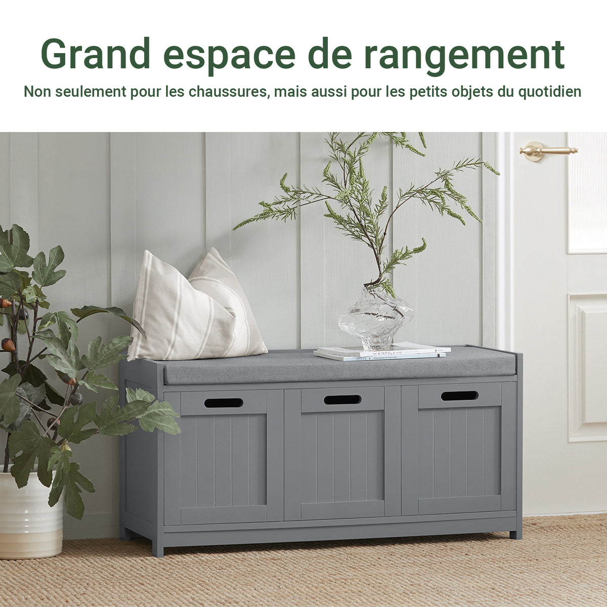 SoBuy FSR80-SG Banc à Chaussures avec Coussin Rembourré, 2 Portes et 1 Cube de Rangement pour Entrée – 90x35x45 cm, Gris Argenté