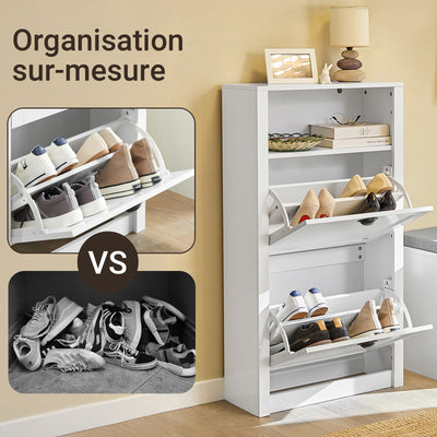 SoBuy FSR87-K-W Armoire à Chaussures 2 Abattants et Compartiment Ouvert – 60×24×110 cm, 50 kg, MDF E1, Blanc