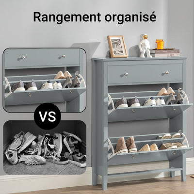 SoBuy FSR89-HG Meuble à Chaussures 80 × 25 × 108 cm, 2 Abattants et Tiroir Supérieur – Gris