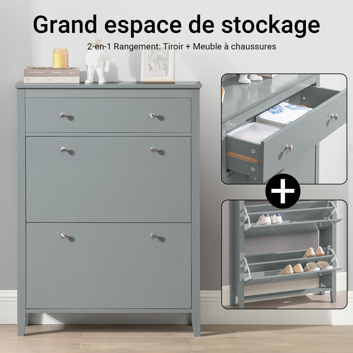SoBuy FSR89-HG Meuble à Chaussures 80 × 25 × 108 cm, 2 Abattants et Tiroir Supérieur – Gris