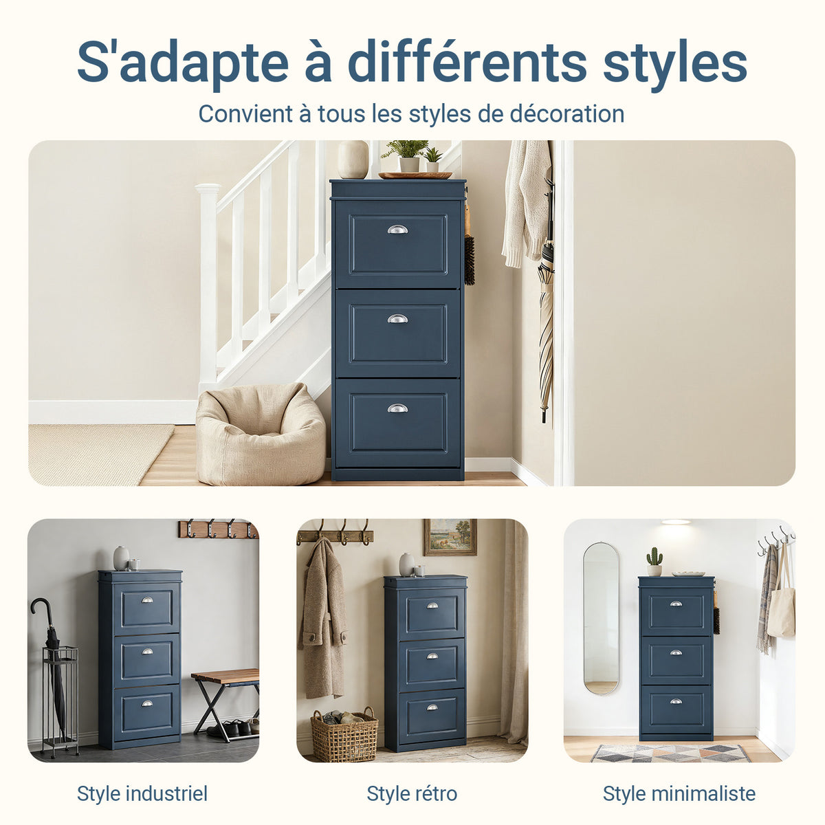 SoBuy FSR94-B – Armoire à Chaussures Slim 24 cm – 3 Abattants, Tiroir et Crochet – 12 Paires – Bleu FSC®