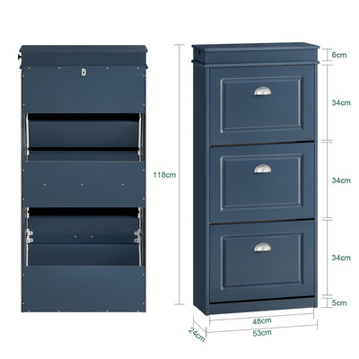 SoBuy FSR94-B – Armoire à Chaussures Slim 24 cm – 3 Abattants, Tiroir et Crochet – 12 Paires – Bleu FSC®