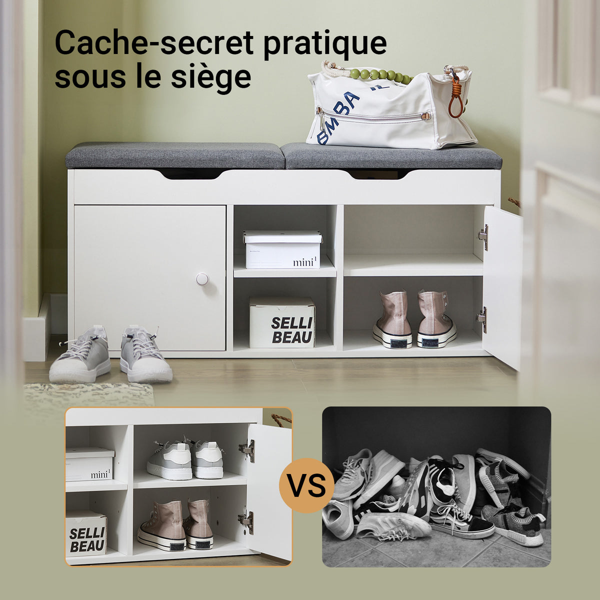 SoBuy FSR96-W Banc à Chaussures avec Coussin Rembourré, 2 Portes et 3 Étagères Réglables, Design Moderne, Compact – L100×P34×H47 cm, Charge 150 kg, Blanc