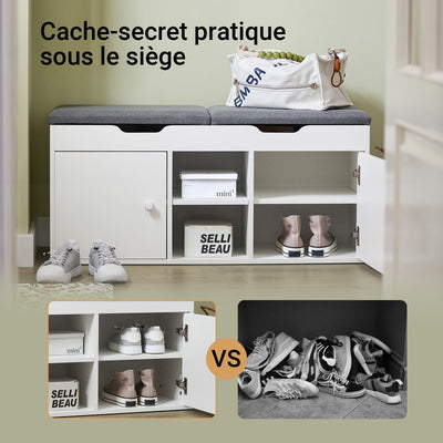 SoBuy FSR96-W Banc à Chaussures avec Coussin Rembourré, 2 Portes et 3 Étagères Réglables, Design Moderne, Compact – L100×P34×H47 cm, Charge 150 kg, Blanc