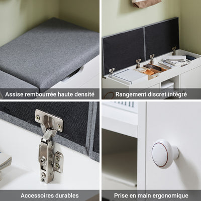 SoBuy FSR96-W Banc à Chaussures avec Coussin Rembourré, 2 Portes et 3 Étagères Réglables, Design Moderne, Compact – L100×P34×H47 cm, Charge 150 kg, Blanc