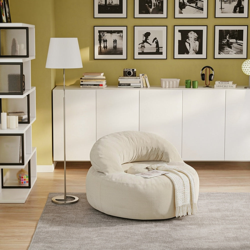SoBuy FST100-MI Fauteuil Relax Scandinave avec Pouf et Dossier Inclinable – Velours Côtelé – 110×125×65 cm, Blanc Crème