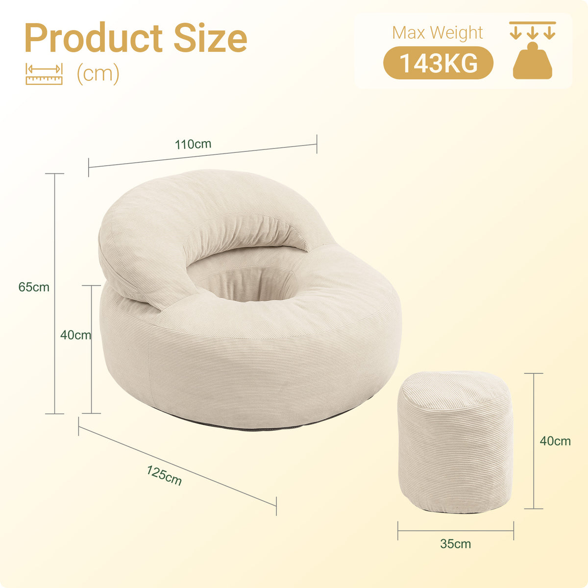 SoBuy FST100-MI Fauteuil Relax Scandinave avec Pouf et Dossier Inclinable – Velours Côtelé – 110×125×65 cm, Blanc Crème