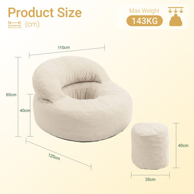 SoBuy FST100-MI Fauteuil Relax Scandinave avec Pouf et Dossier Inclinable – Velours Côtelé – 110×125×65 cm, Blanc Crème