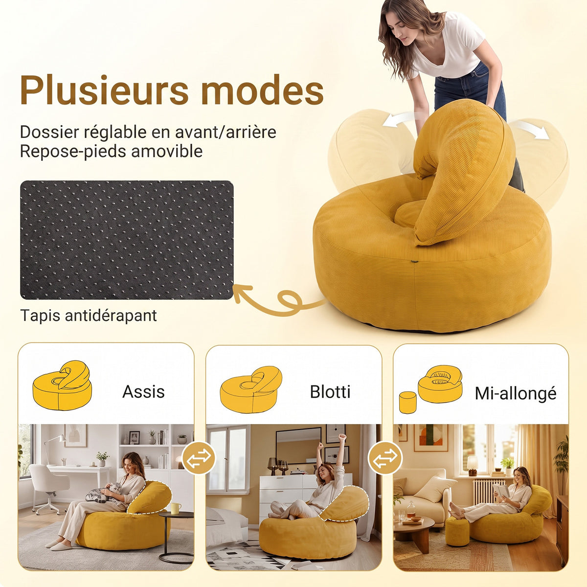 SoBuy FST100-Y Fauteuil Relax Scandinave en Velours Côtelé Jaune avec Pouf – Dossier Inclinable – 110×125×65 cm, Jaune