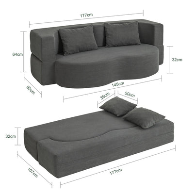 SoBuy FST101-DG Canapé-Lit Convertible 2 Places Gris Foncé – Design Organique en Velours Côtelé, 2 Coussins Inclus, Lit d'Appoint pour Petit Salon – 177×107×32 cm, Charge 227 kg