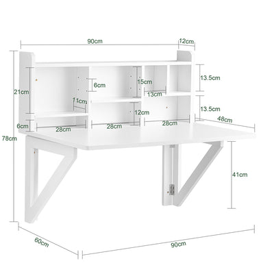 SoBuy FWT07-II-W Table murale rabattable 90 x 60 cm avec étagère intégrée – Bureau mural gain de place blanc