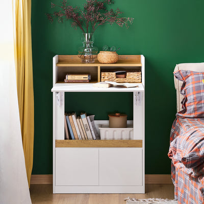 SoBuy FWT109-WN Bureau pliant gain de place 63 cm avec 2 tiroirs et étagères – Blanc et bois