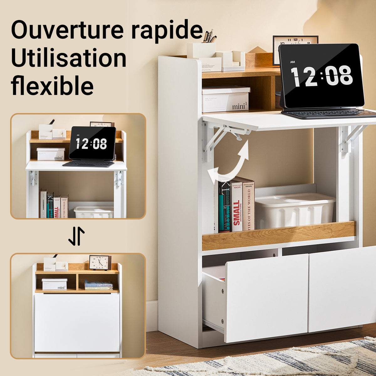 SoBuy FWT109-WN Bureau pliant gain de place 63 cm avec 2 tiroirs et étagères – Blanc et bois