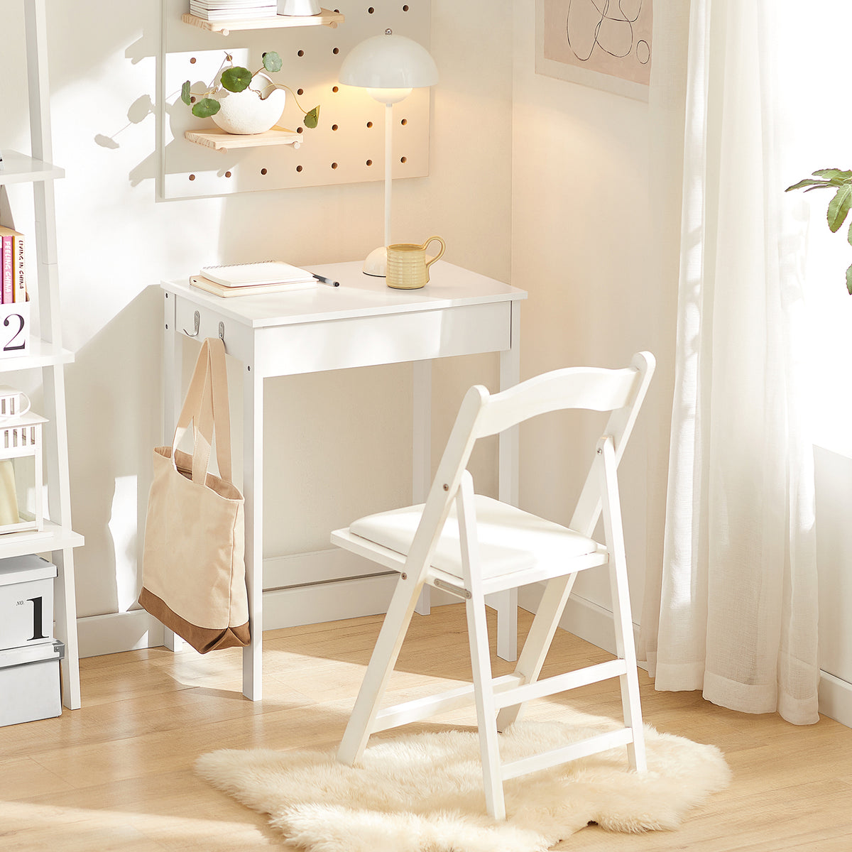 SoBuy FWT43-W Petit Bureau avec 1 Tiroir et 2 Crochets Bureau Gaming avec Etagères de Rangement Desk Multifonctionnel pour Chambre Table Gaming Blanc 60x40x77cm