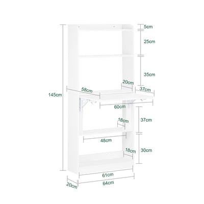 SoBuy FWT92-H-W Bureau pliable escamotable avec étagères 64 x 58 cm – Bureau ordinateur rabattable blanc gain de place