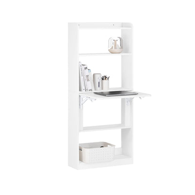 SoBuy FWT92-H-W Bureau pliable escamotable avec étagères 64 x 58 cm – Bureau ordinateur rabattable blanc gain de place