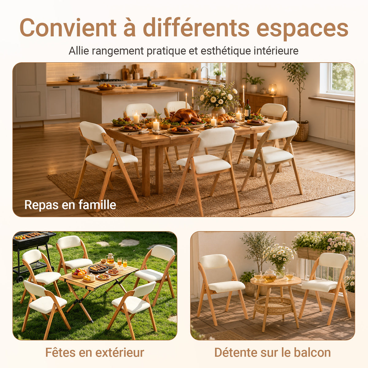 SoBuy FST92-W Chaise Pliante en Bois Massif, Assise et Dossier Rembourrés, Housse Amovible – Crème et Bois Naturel