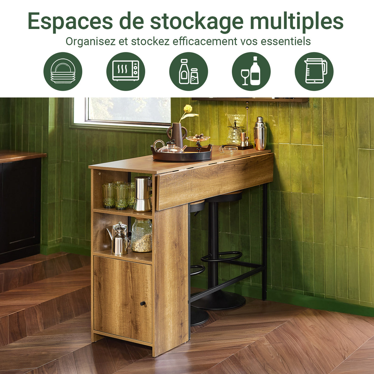 SoBuy FWT98-PF Table Haute Mange-Debout avec Plateau Extensible, Design Moderne, pour Cuisine et Salle à Manger, Design Fonctionnel – L120×P45/63×H95 cm