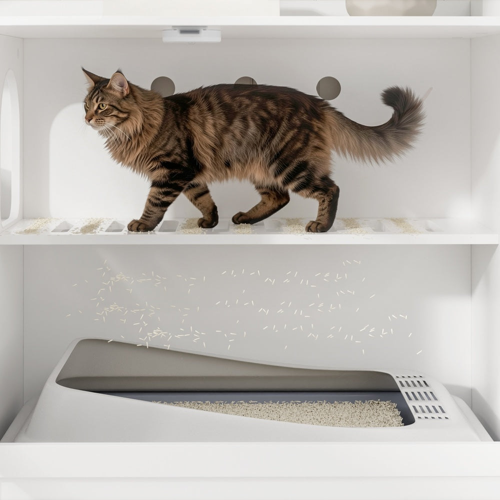 SoBuy HAT02-L-E-W Meuble Litière pour Chat Blanc avec Tiroir – Cache-Litière avec Griffoir Sisal Intégré, 2 Portes et Étagères – 98×60×80 cm, Charge 101 kg