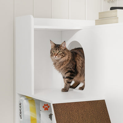 SoBuy HAT02-L-E-W Meuble Litière pour Chat Blanc avec Tiroir – Cache-Litière avec Griffoir Sisal Intégré, 2 Portes et Étagères – 98×60×80 cm, Charge 101 kg